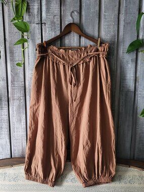 Boho Plus Size 3XL Cotton Bloomer Capri Pants Brown Harem